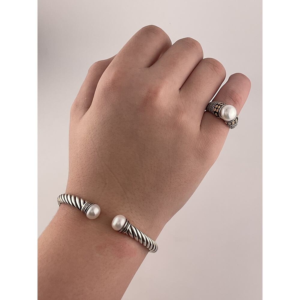 EFFY 925 Sterling Silver 18k Yellow Gold Pearl Ring End Bracelet Set